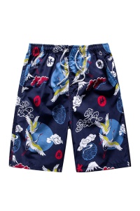 Pantaloni scurti de baie tip sort, barbati, imprimeu stil japonez, uscare rapida, albastru inchis