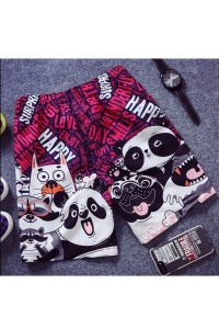 Pantaloni scurti de baie tip sort, barbati, imprimeu ursuleti panda si prietenii lor, model regatul animalelor fericite, uscare rapida, rosu - Img 2