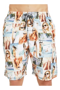 Pantaloni scurti de baie tip sort, barbati, imprimeu vintage grafic cu femei, model vacanta cool, uscare rapida, multicolor