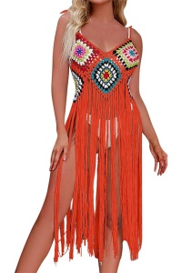 Pareo tip rochie pentru plaja, model cu franjuri transparent, tesatura traditionala, tematica crazy retro summer, portocaliu