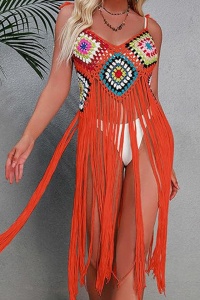 Pareo tip rochie pentru plaja, model cu franjuri transparent, tesatura traditionala, tematica crazy retro summer, portocaliu - Img 3
