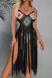 Pareo tip rochie pentru plaja, model cu franjuri transparent, tesatura traditionala, tematica crazy retro summer, negru - Img 4