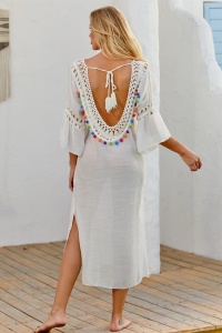 Pareo tip rochie pentru plaja, model vesel si elegant, crapata pe ambele parti, ciucurei colorati, tematica happy summer, alb - Img 2