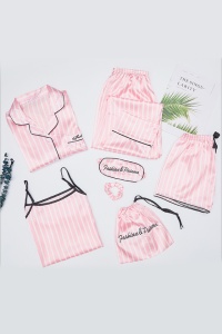 Pijama dama, 7 piese, satin, camasa, maieu, pantalon lung si chilot tip pantalon scurt, roz - Img 3