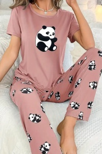 Pijama dama, set 2 piese, bluza cu maneca scurta si pantaloni lungi, model cute cu imprimeu ursulet panda dragalas, tematica sleepy buddy, roz - Img 4