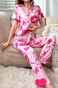 Pijama dama, set 2 piese, bluza cu maneca scurta si pantaloni lungi, model deosebit cu imprimeu haios, tematica sweet dreams, roz - Img 3