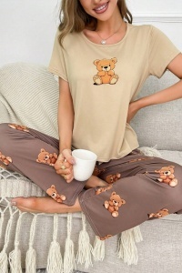Pijama dama, set 2 piese, bluza cu maneca scurta si pantaloni lungi, model cute cu imprimeu ursuleti prietenosi, tematica bear hug, maro - Img 4