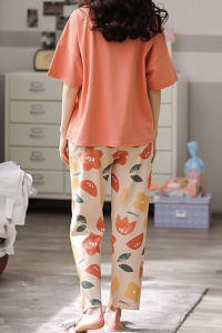 Pijama dama, set 2 piese, bluza maneca lunga cu buzunar la piept si pantaloni lungi, model cu flori, tematica I love flowers, portocalie - Img 2