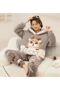 Pijama dama, set 2 piese, bluza maneca lunga cu gluga si pantaloni lungi, model cu animale, ren lucky, tematica I love winter, gri - Img 4