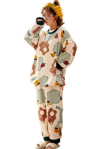 Pijama dama, set 2 piese, bluza maneca lunga si pantaloni lungi, model pufos si calduros, tematica I love bears, verde
