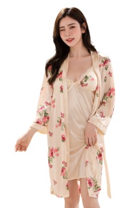 Pijama dama, set 2 piese, rochie scurta si halat asortat, model cu imprimeu floral sexy, tematica flower lady, bej