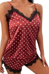 Pijama dama, sexy, set 2 piese, maieu si pantalon scurt, rosu cu buline mici albe