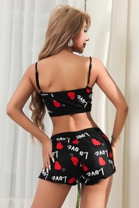 Pijama sexy dama, set 2 piese, top tip bustiera si pantaloni scurti, model cu imprimeu grafic, love, negru - Img 2