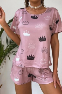 Pijama sexy dama, set 3 piese, bluza cu maneca scurta, pantaloni scurti si masca de dormit, model confortabil, tematica bow to the Queen, roz - Img 4