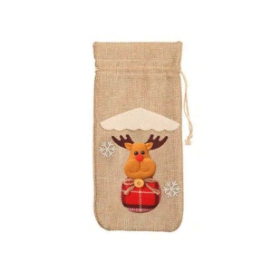 Saculet de Craciun pentru sticle de bauturi, model cu personaje de poveste, ren simpatic, prindere reglabila cu snur, tematica party winter, marime universala, bej - Img 3