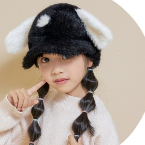 Sapca pentru copii, cozoroc curbat, accesorizata cu urechiuse, model chic pufos, tematica happy day, 4 – 10 ani, neagra - Img 3