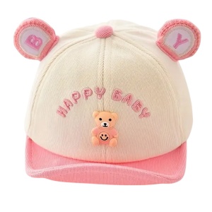 Sapca pentru copii, cozoroc curbat, accesorizata cu urechiuse, model simpatic si vesel, tematica happy baby, 6 luni – 2 ani, roz