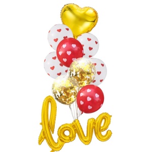Set 10 baloane indragostiti, decor „Love“, simple si cu confeti, aurii