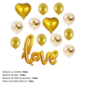 Set 13 baloane indragostiti, decor „Love“, simple si cu confeti, aurii - Img 2