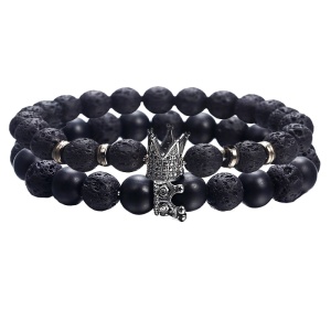 Set 2 bratari fashion queen and king din roca vulcanica neagra semipretioasa, cu bijuterii tip coroana din zirconiu, 18-19 cm
