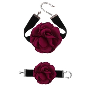 Set 2 piese, choker si bratara asortata, model cu floare eleganta, tematica fashion party, rosu inchis