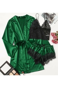 Set 3 piese, lenjerie tip pijama sexy, satin si dantela, halat, bustiera si pantalon scurt, verde - Img 4