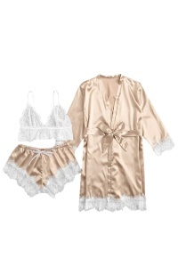 Set 3 piese, lenjerie tip pijama sexy, satin si dantela, halat, bustiera si pantalon scurt, auriu