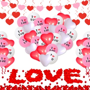 Set 48 baloane indragostiti, decor 1000 petale si banner, imprimeu „I love you“