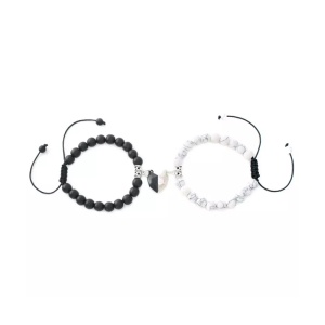 Set bratari cuplu cu inimioara magnet din roca semipretioasa, reglabile, unisex, neagra si alba, 2 buc