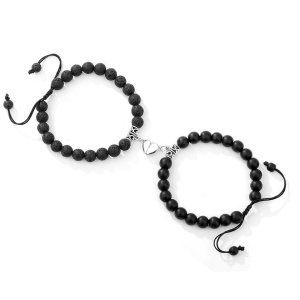 Set bratari cuplu cu inimioara magnet, roca semipretioasa, negre, reglabile, unisex