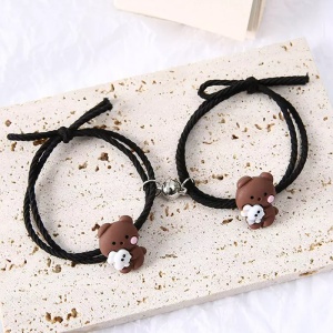 Set bratari cuplu cu magnet, 2 bucati, reglabile, tip sfoara neagra, pandantiv ursuleti, unisex - Img 2