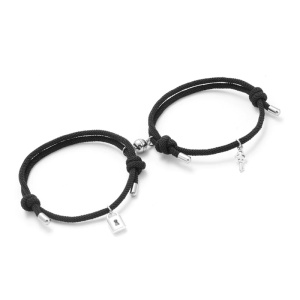 Set bratari cuplu cu magnet, lacat si cheita, tip sfoara, negre, - Img 2