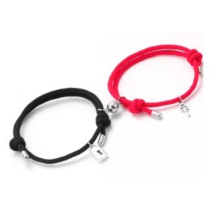 Set bratari cuplu cu magnet, lacat si cheita, tip sfoara, rosu cu negru - Img 2