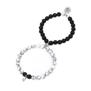Set bratari cuplu cu magnet, roca semipretioasa, pandantive soare si luna, unisex, neagra si alba