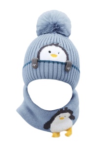 Set caciula copii cu fular pentru iarna, model pinguin vesel, 6 luni – 3 ani, albastra