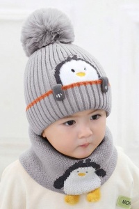 Set caciula copii cu fular pentru iarna, model pinguin vesel, 6 luni – 3 ani, gri - Img 3