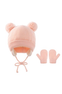 Set caciula copii cu manusi pentru iarna, model cu urechi pom pom, 1-4 ani, roz
