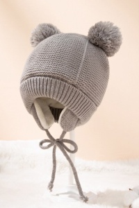 Set caciula copii cu manusi pentru iarna, model cu urechi pom pom, 1-4 ani, gri - Img 2