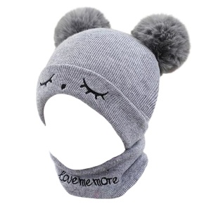 Set caciula iarna cu fular pentru copii, model cu urechi pom pom pufoase si sprancene, tematica love me more, marime universala, gri