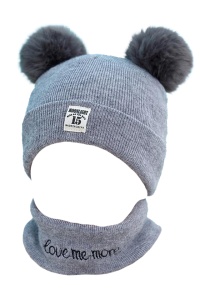 Set caciula pentru iarna cu fular pentru copii, model cu urechi pom pom, gri, marime universala