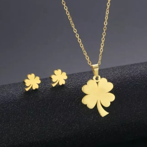 Set dama, lant si cercei, model lucky charm, trifoi cu patru foi, auriu - Img 3