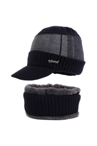 Set doua piese, caciula tip sapca pentru barbati cu imprimeu texturat si cozoroc curbat, fular asortat, captuseala pufoasa si calduroasa, model sport style, marime universala, albastru navy