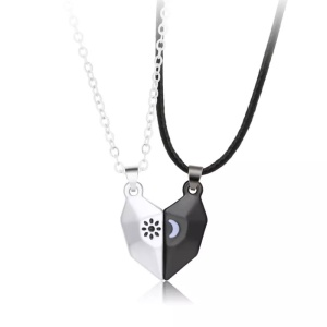 Set lant cuplu cu pandantiv inimioara magnet, model soare si luna, unisex, argintiu cu negru - Img 4