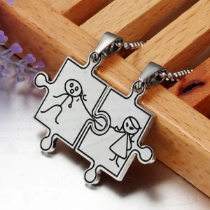 Set lant cuplu cu pandantiv puzzle, model geometric cute couple, unisex, argintiu - Img 2