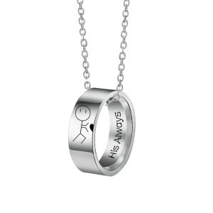 Set lant cuplu cu pandantive inele cu omuleti indragostiti, model always and forever, unisex, argintiu - Img 2