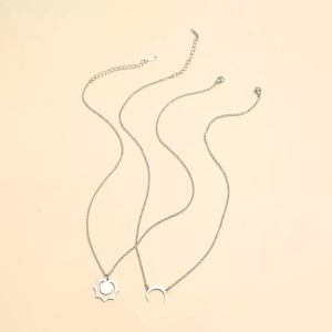 Set lant cuplu, pandantiv soare si luna, reglabile, unisex, argintii - Img 4