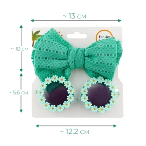 Set ochelari de soare pentru fetite cu funda supradimendionata pentru par, model floricele vesele, marime universala, verde - Img 4