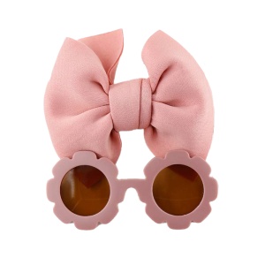 Set ochelari de soare pentru fetite, model rotund tip floare, accesorizat cu funda supradimensionata asortata, tematica fancy summer, marime universala, roz inchis