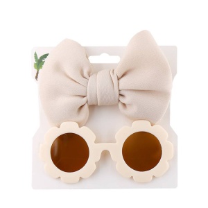 Set ochelari de soare pentru fetite, model rotund tip floare, accesorizat cu funda supradimensionata asortata, tematica fancy summer, marime universala, bej - Img 2