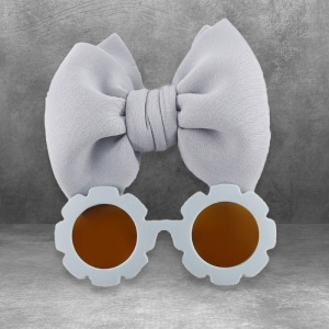 Set ochelari de soare pentru fetite, model rotund tip floare, accesorizat cu funda supradimensionata asortata, tematica fancy summer, marime universala, gri - Img 3